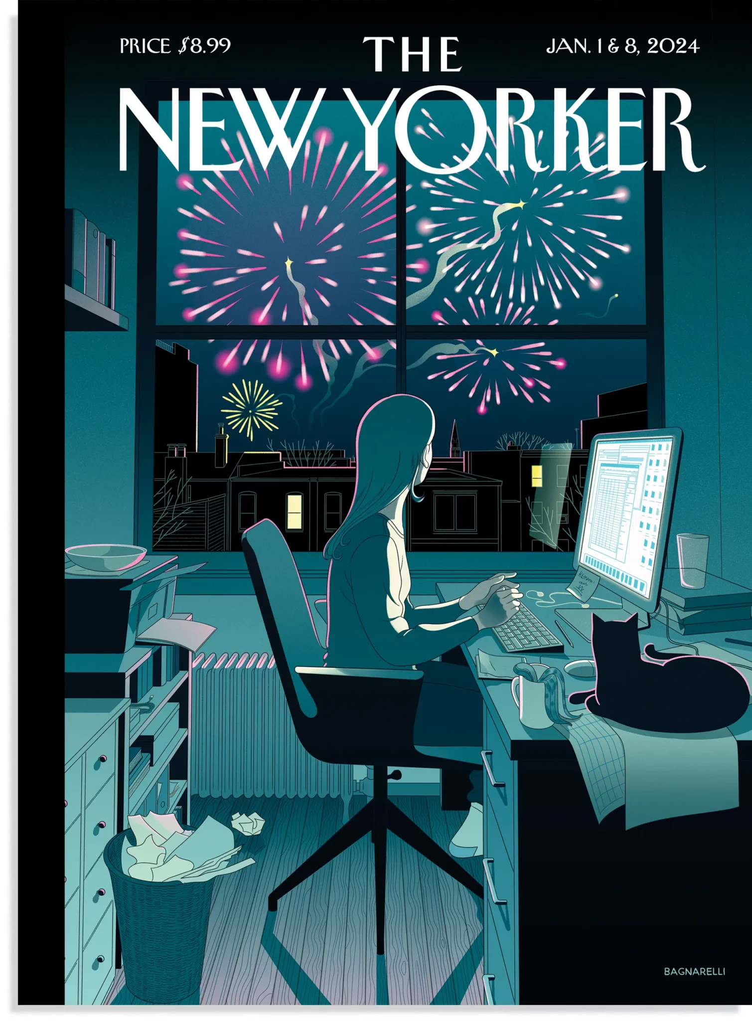 L'immagine raffigura un'illustrazione di copertina della rivista “The New Yorker” del 1° e 8 gennaio 2024. Mostra una donna seduta alla sua scrivania, che lavora al computer, mentre i fuochi d'artificio illuminano il cielo notturno fuori dalla sua finestra. Il contrasto tra il lavoro concentrato della donna e i festosi fuochi d'artificio che la circondano evidenzia una miscela di routine e celebrazione. La scena comprende anche un gatto che si sdraia sulla scrivania, fogli sparsi e un bidone della spazzatura pieno di documenti scartati, per catturare un ambiente di lavoro accogliente ma disordinato.
