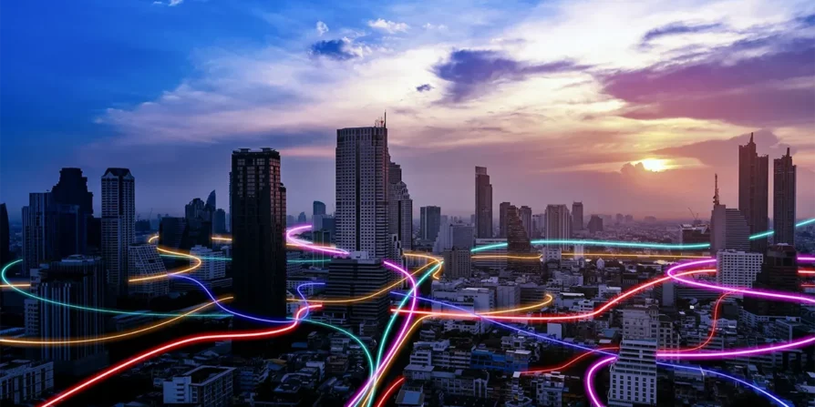 Un panorama urbano con grattacieli al tramonto, con luci colorate che si intrecciano sopra la città, simboleggiando l'innovazione e la connettività delle smart cities